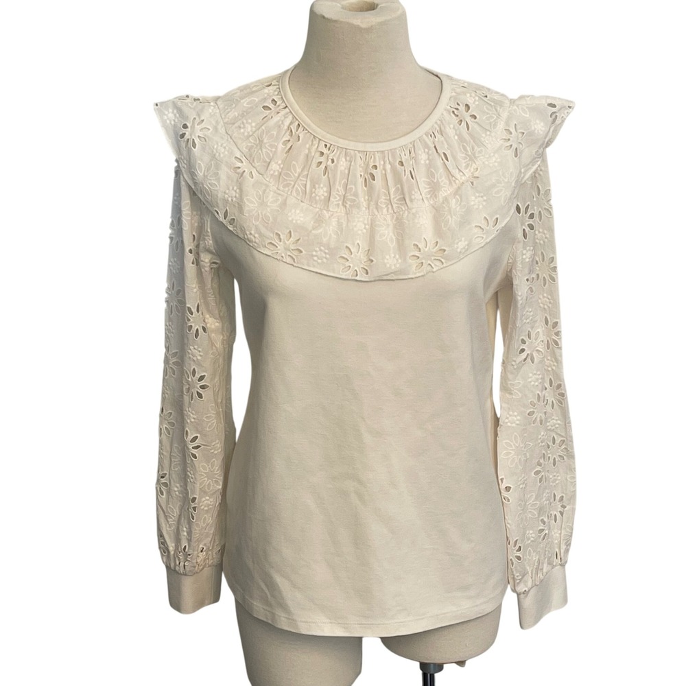 Ann Taylor Eyelet Ruffle Collar Long Sleeve Top Blouse Ivory‎ Small S